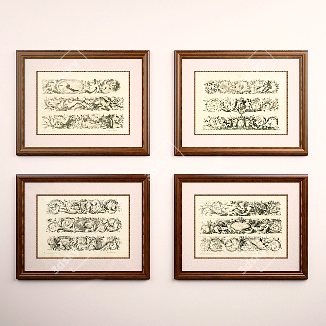 Antique Engravings in Classic Frames 3D model image 1