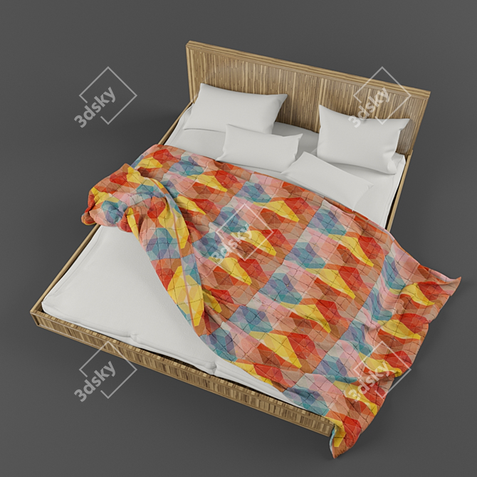Modern Wooden Bed with Bedding 3D model image 1