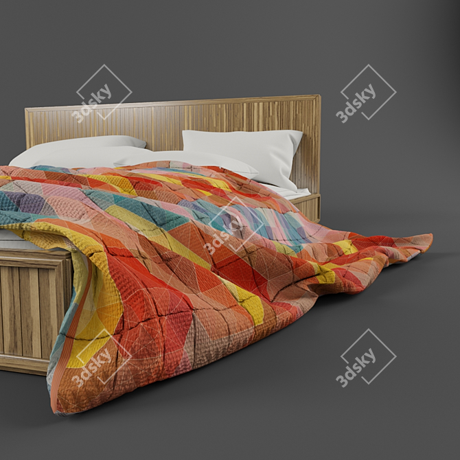 Modern Wooden Bed with Bedding 3D model image 2