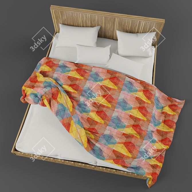 Modern Wooden Bed with Bedding 3D model image 3