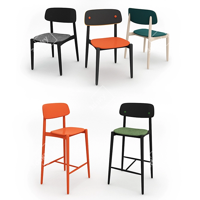 Versatile Seating Set: 3 Standard Chairs & 2 Bar Stools 3D model image 1