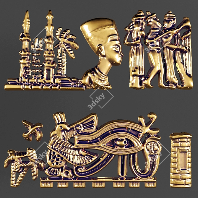 Golden Egyptian Bas-Relief Wall Decor 3D model image 1