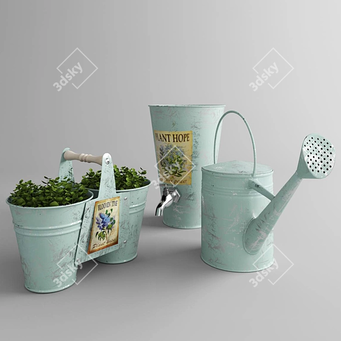 Green Oasis: Plant Pots & Watering Can 3D model image 1