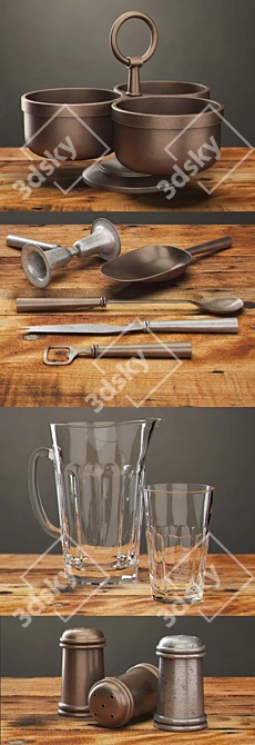 Vintage Hotel Tableware Set - Bar Tools, Condiment Server, Salt & Pepper Shaker, Pitcher & Tumbler 3D model image 3