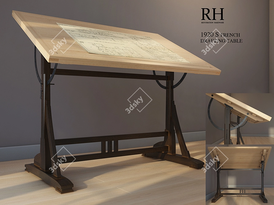 Antique French Drafting Table 3D model image 1