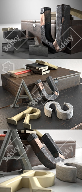 Rustic Wood Box Set: Vintage Letters & Book 3D model image 1