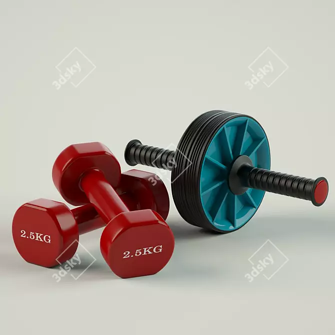 Home Fitness Equipment: Roller & Dumbbells 3D model image 1