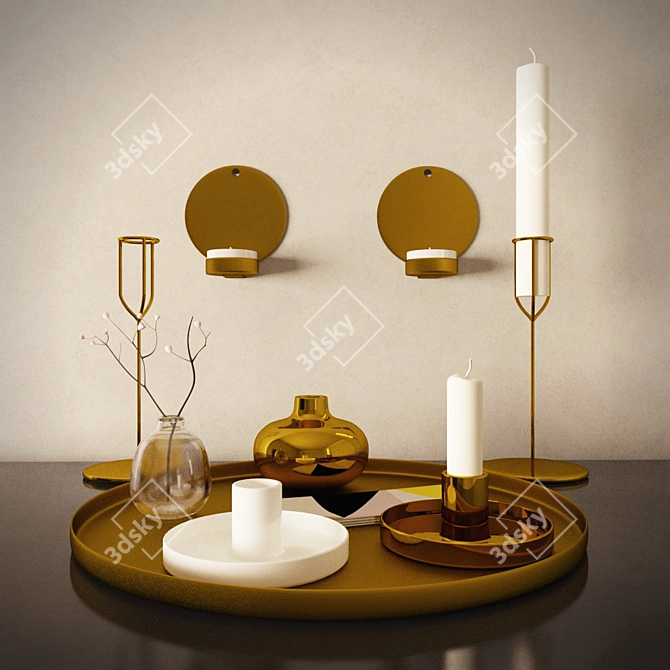 Sleek Steel Candle Holders & Tray 3D model image 1