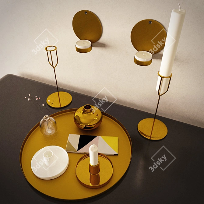 Sleek Steel Candle Holders & Tray 3D model image 2
