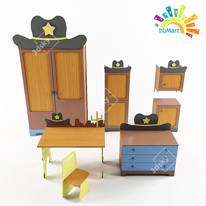 Western Mix: Cabinet, Shelf, Nightstand, Dresser, & Desk with Chair 3D model image 1