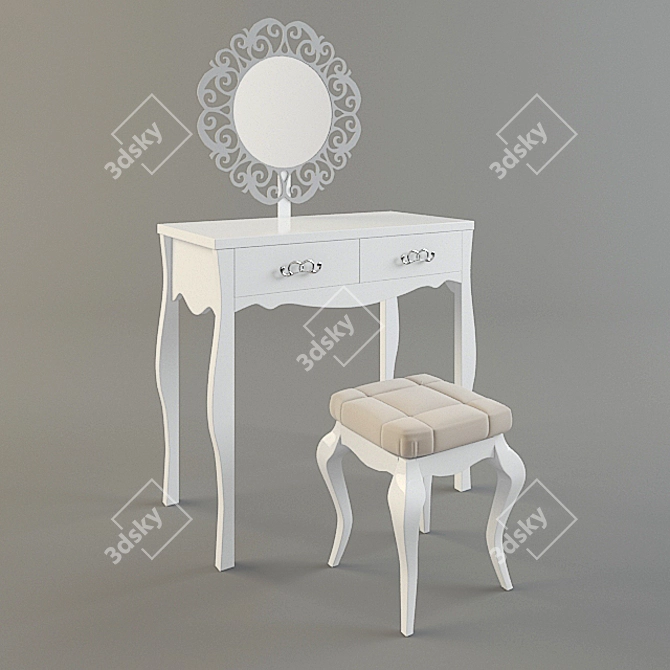 Compact White Gloss Dressing Table with Hemis Ottoman 3D model image 1