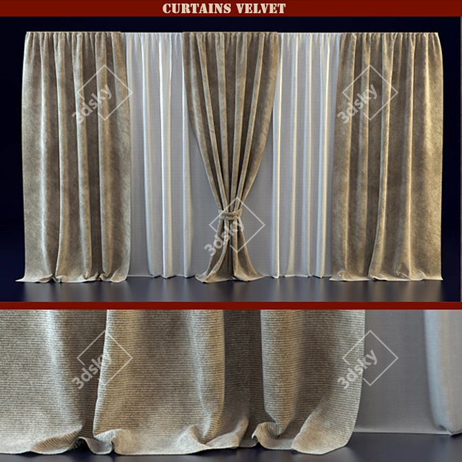 Luxury Velvet Curtains with Curtain Tiebacks 3D model image 1