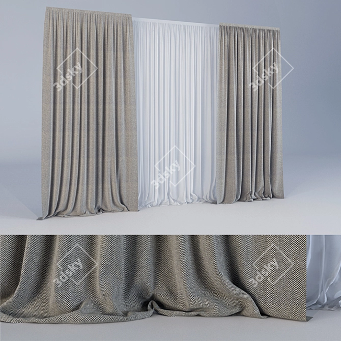 Modern Curtain with Tulle 3D model image 1