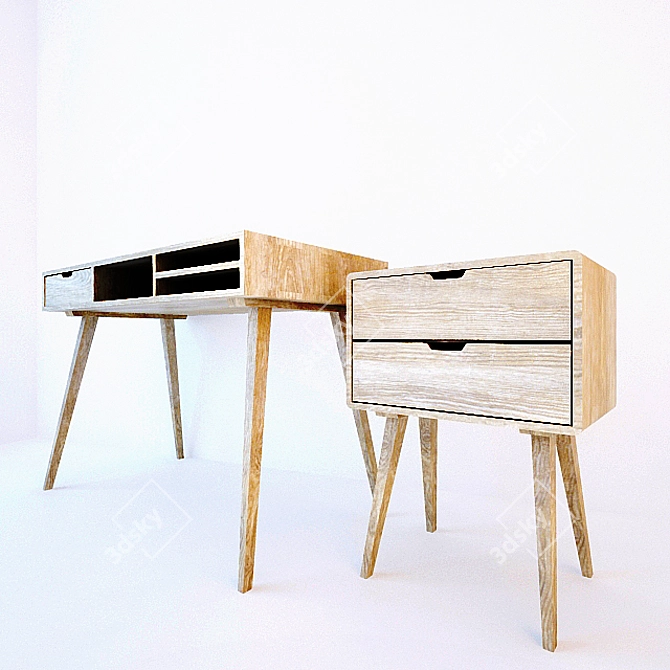 Oakwood Desk with Drawers and Dresser 3D model image 1