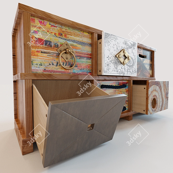 Ethnic Chest Duo: Multicolored Interactive Storage 3D model image 2