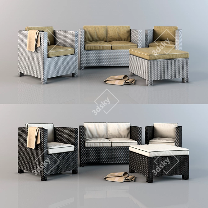 Rustic Rattan Furniture Set 3D model image 1