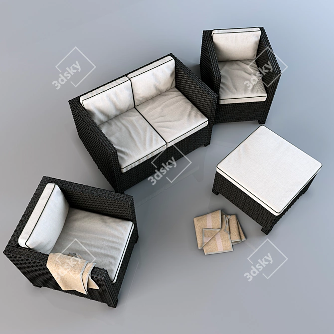 Rustic Rattan Furniture Set 3D model image 2