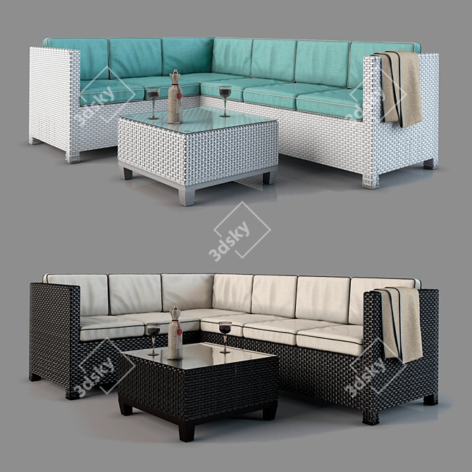 Rattan Corner Sofa Set 3D model image 1