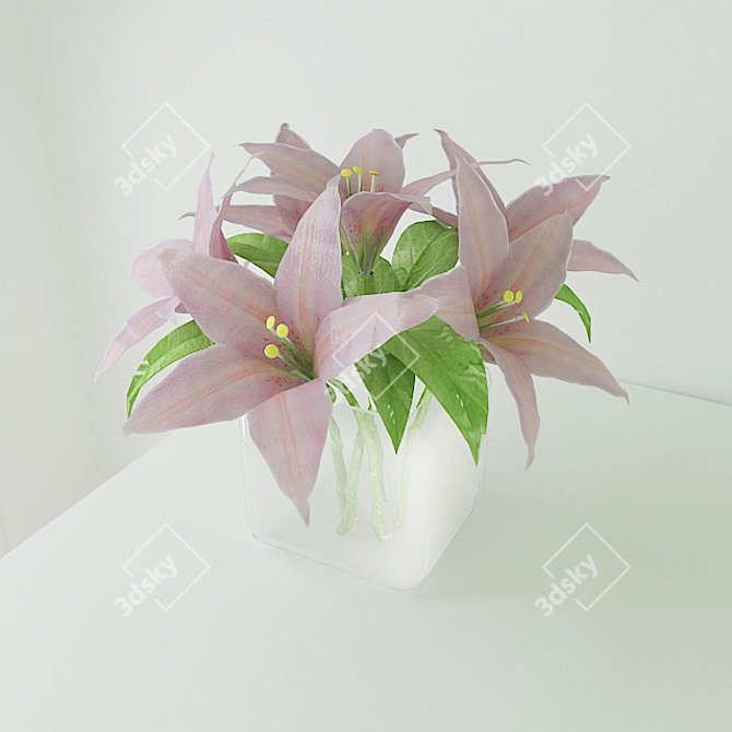 Pink Lily Bouquet in Glass Vase 3D model image 1