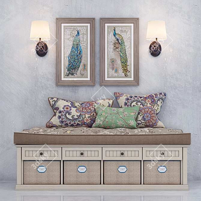 Ethnic Bench Set with Cushions, Sconce, and Art 3D model image 1