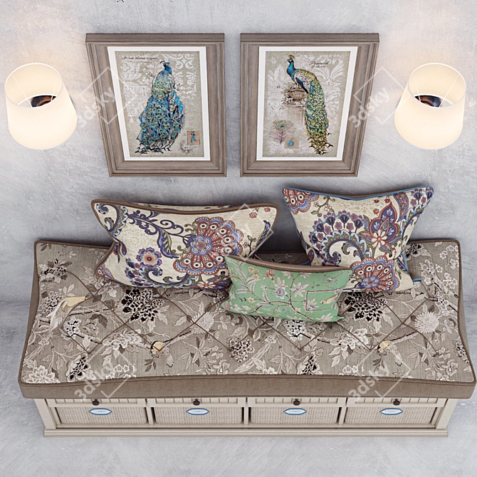 Ethnic Bench Set with Cushions, Sconce, and Art 3D model image 2
