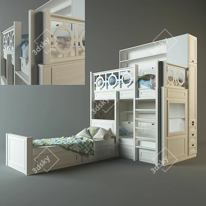 Space-Saving Bunk Bed with Wardrobe 3D model image 1