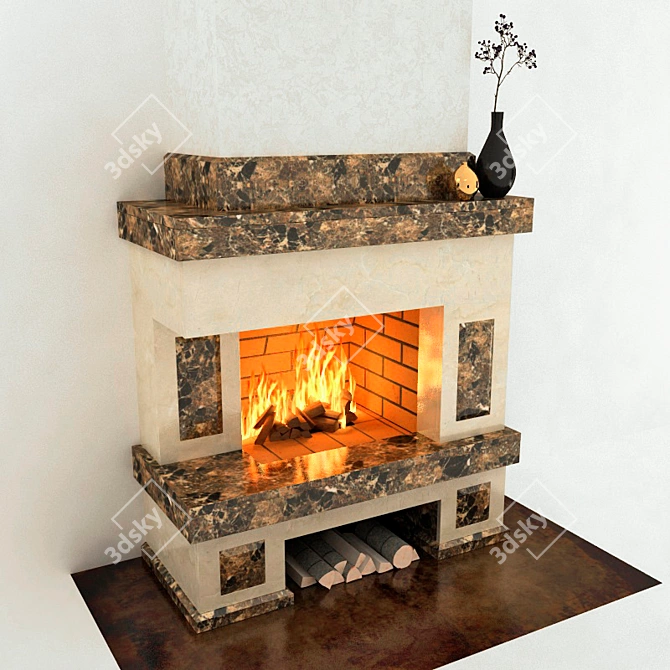 Elegant Marble Brick Fireplace 3D model image 1