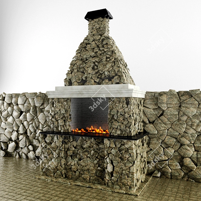 Stone BBQ Grill & Fence 3D model image 1