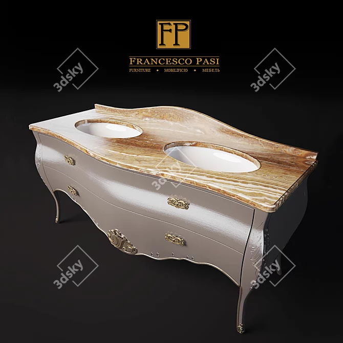 Classic Silver Marble Double Sink Vanity 3D model image 2