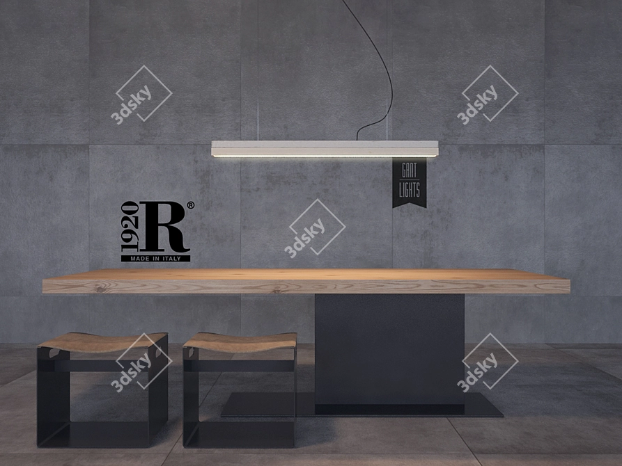 Rustic Table Set with Industrial Stools & Pendant Light 3D model image 1