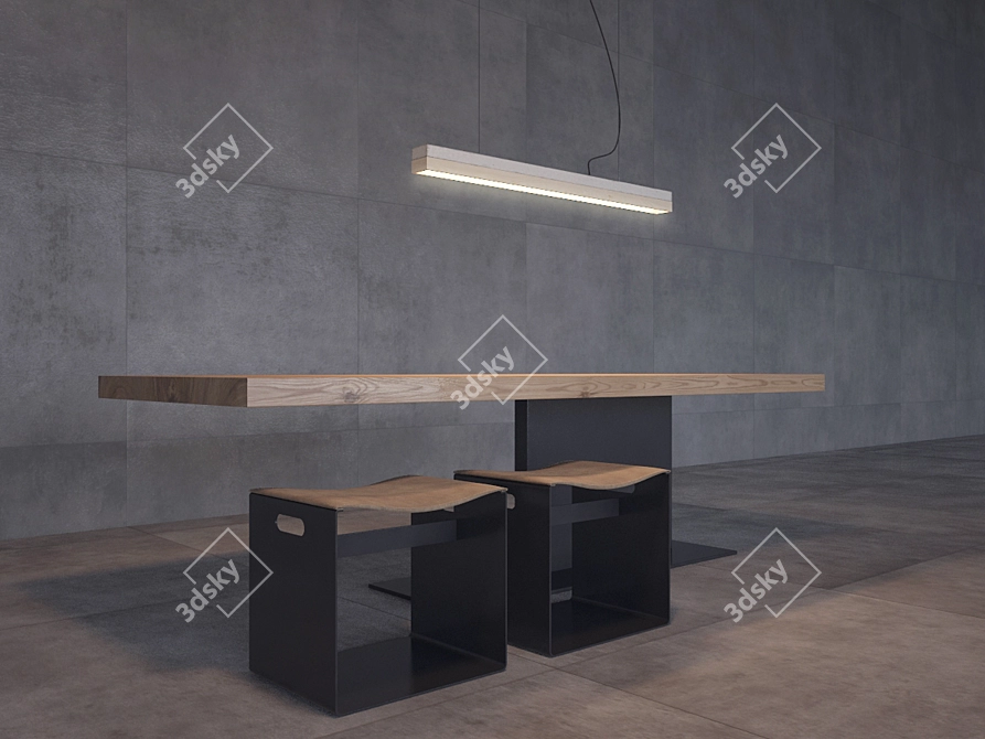 Rustic Table Set with Industrial Stools & Pendant Light 3D model image 2