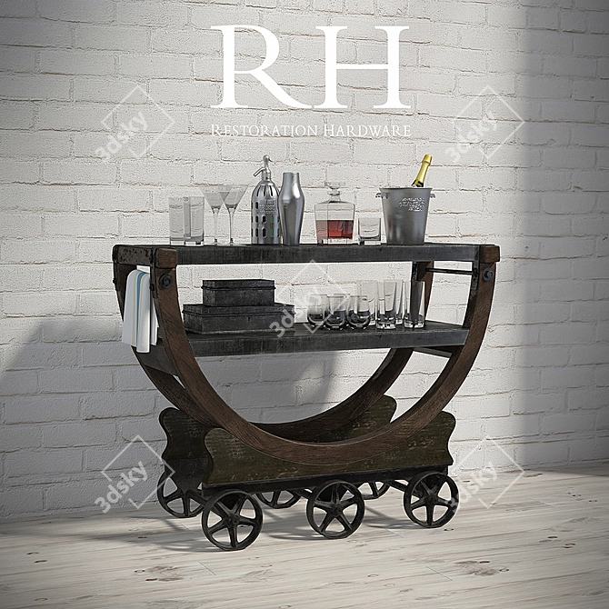 Vintage Factory Bar Cart with Wallpaper Design 3D model image 1