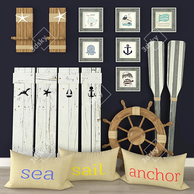 Nautical Décor Set: White Boards for Beds or Hooks 3D model image 1