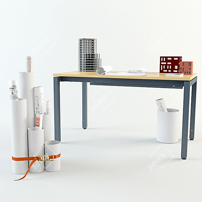 Architect's Workspace Bundle: Adjustable Desk, Drawing Tube, Trash Bin & Accessories 3D model image 1