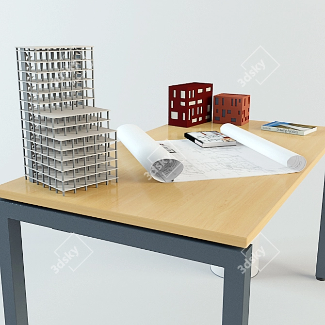 Architect's Workspace Bundle: Adjustable Desk, Drawing Tube, Trash Bin & Accessories 3D model image 3