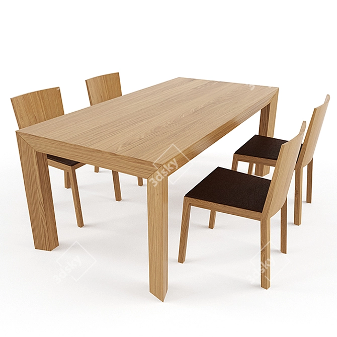 Oak & Leather Table Set 3D model image 1