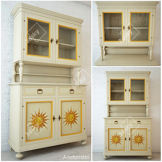 Elegant Yellow Sun Sideboard & Glass Case 3D model image 1