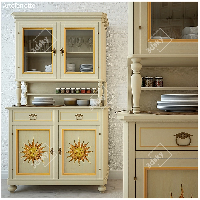 Elegant Yellow Sun Sideboard & Glass Case 3D model image 2