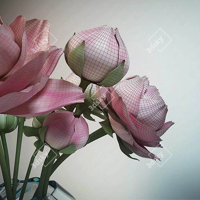 Elegant Peony Bouquet in Glass Vase 3D model image 2