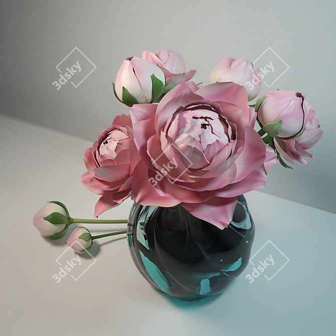 Elegant Peony Bouquet in Glass Vase 3D model image 3