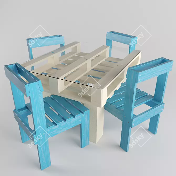 Rustic Pallet Table & Chairs 3D model image 1