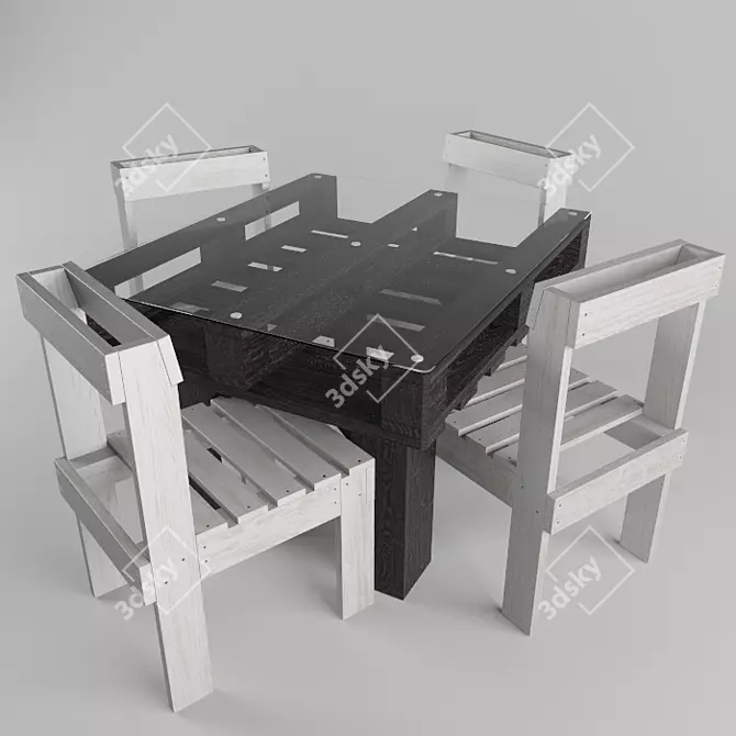 Rustic Pallet Table & Chairs 3D model image 3