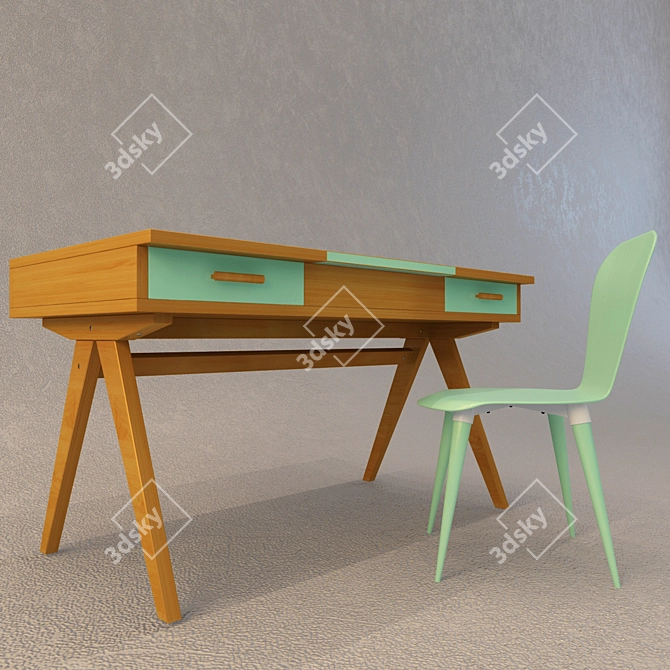 Children's Furniture Set: Wardrobe, Desk, Chair, Shelf 3D model image 2