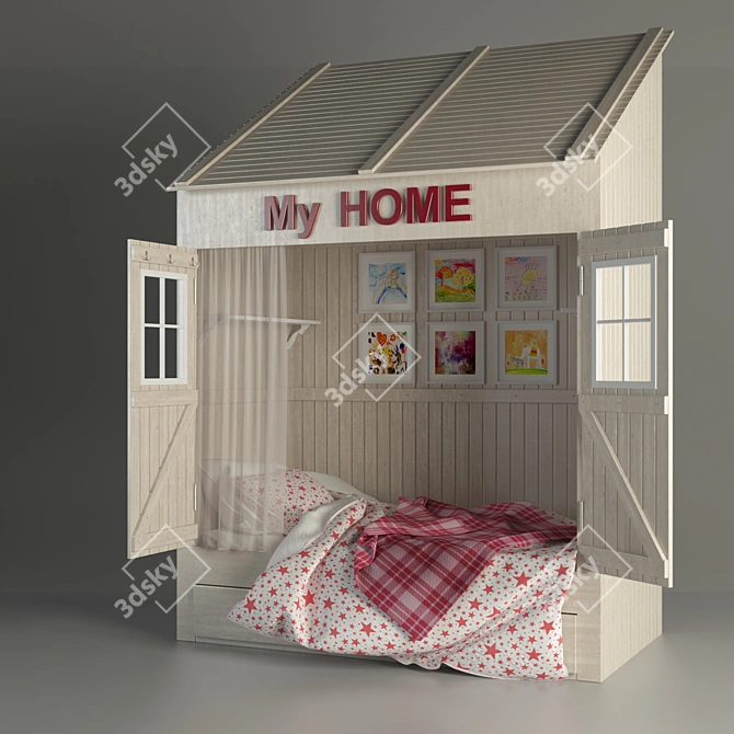 Title: Nordic-Style Children's House Bed 3D model image 1