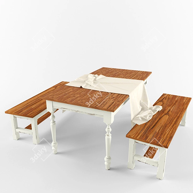 Rustic Dining Set: Table & Bench 3D model image 1