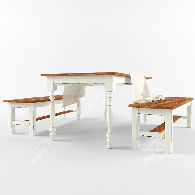 Rustic Dining Set: Table & Bench 3D model image 2