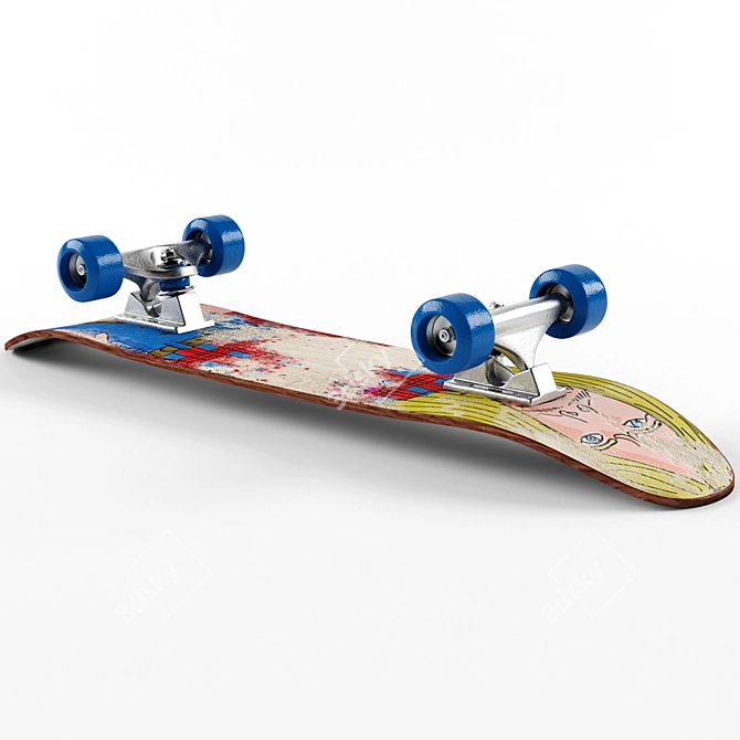 High-Res Skateboard with 5 Stickers 3D model image 2
