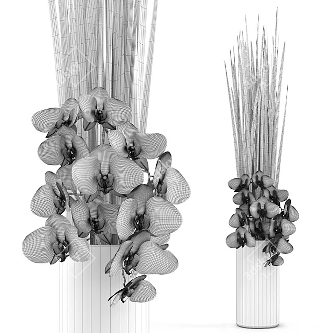 Elegant Orchid Bouquet with Grass Glass Vase 3D model image 3