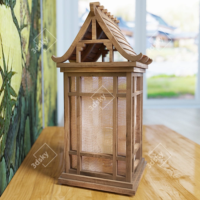 Vintage Japanese Wooden House Lamp 3D model image 2