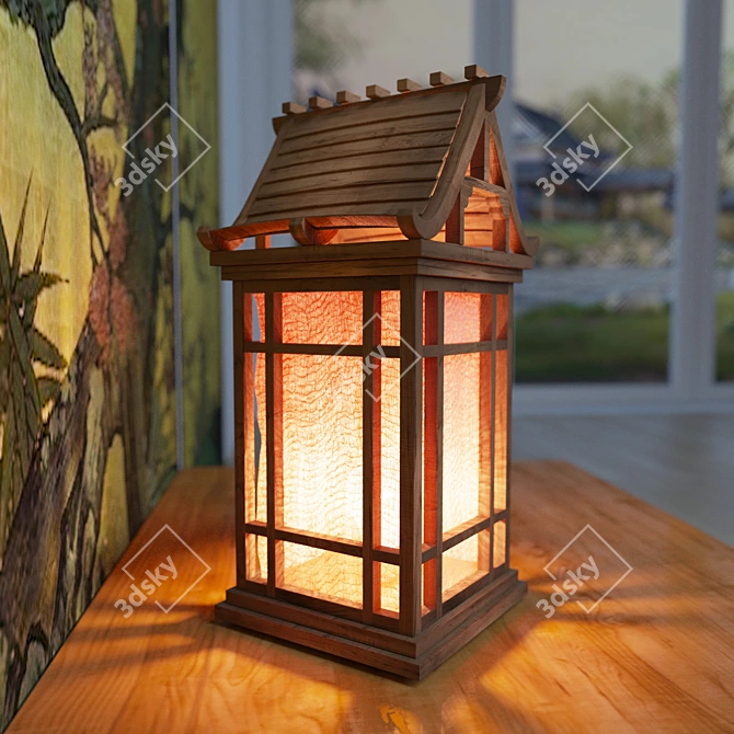 Vintage Japanese Wooden House Lamp 3D model image 3